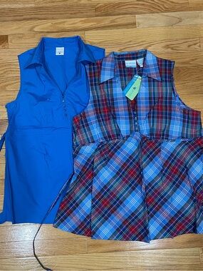 Motherhood Maternity Blue Solid Tank Top & Blue-Red Plaid Sleeveless Blouse